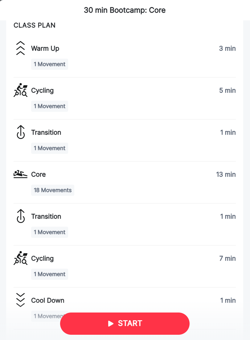 Class plan for 30 minute Bike Bootcamp: Core with Jess Sims from August 2, 2024, showing multiple transitions between cycling and strength