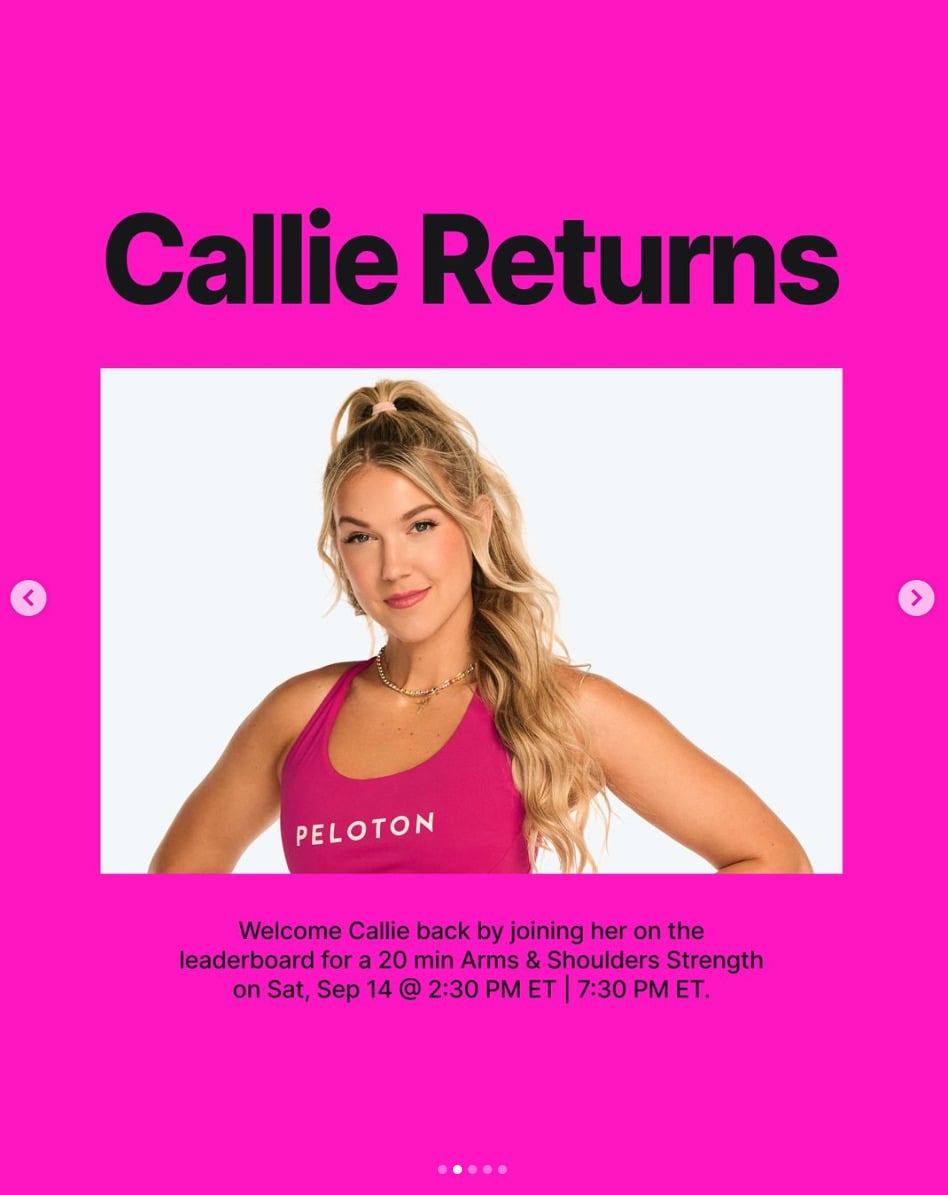 Callie Gullickson returns from maternity leave on September 14, 2024. Image credit Peloton social media.