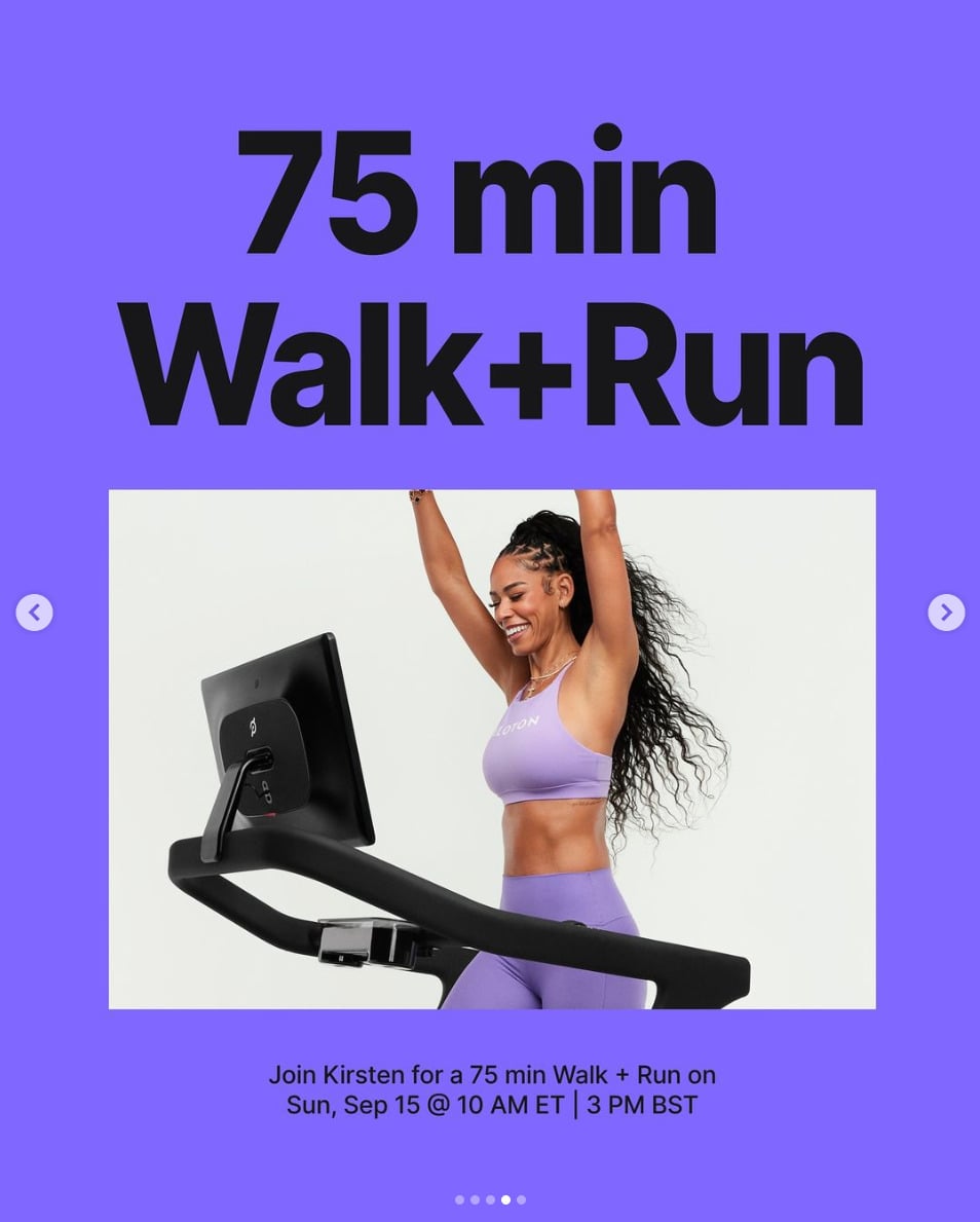 Kirsten will teach 75 minute Walk + Run this week. Image credit Peloton social media.