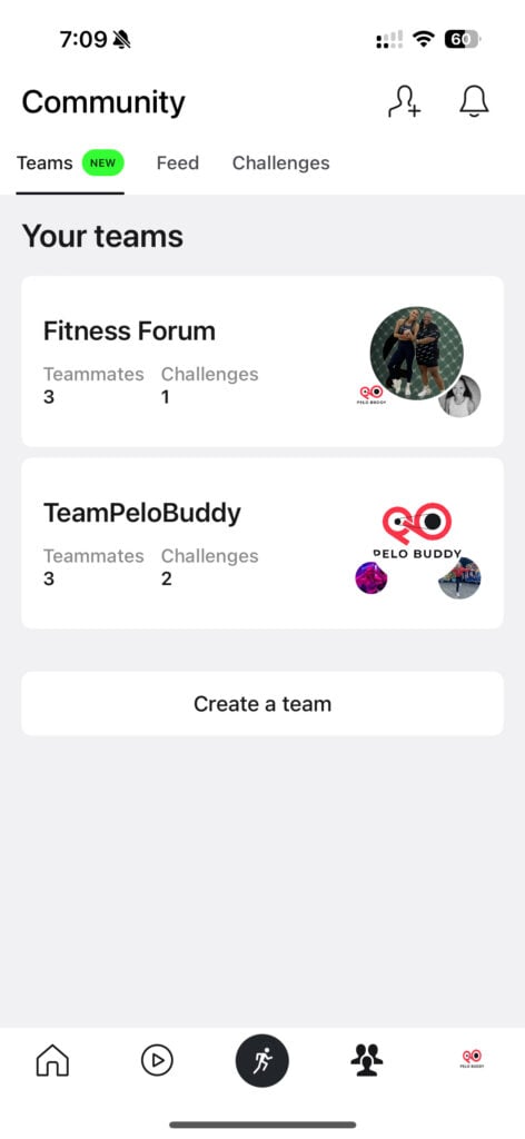 Peloton App Community homepage display after team has been formed or joined.
