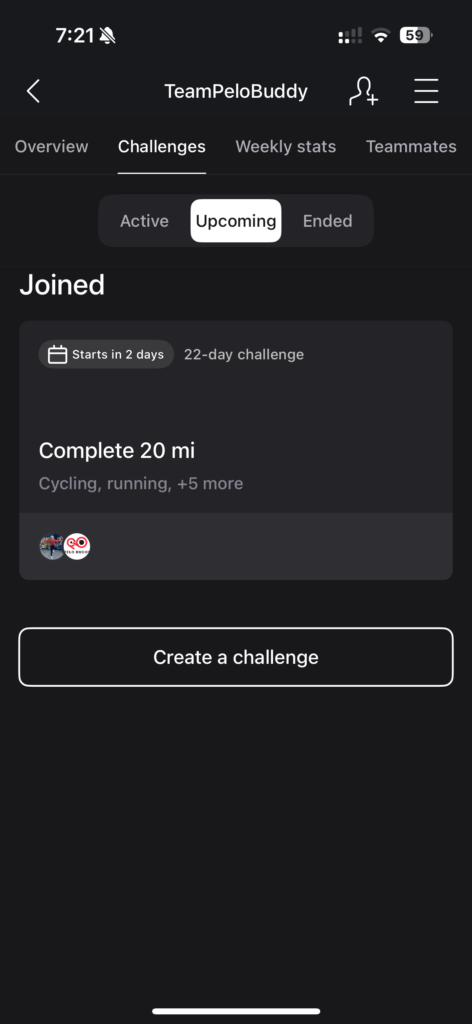 Upcoming Peloton Teams challenges already joined.