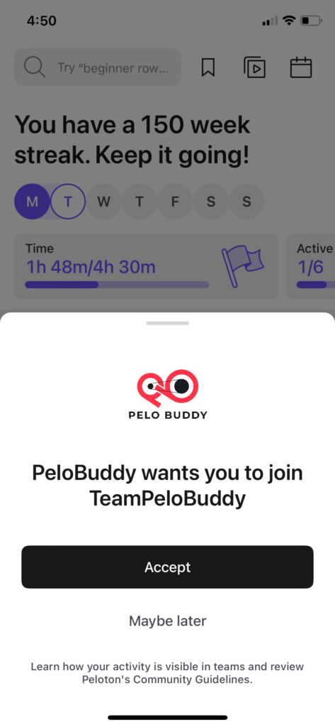 Peloton app pop up notification when invited to a Team