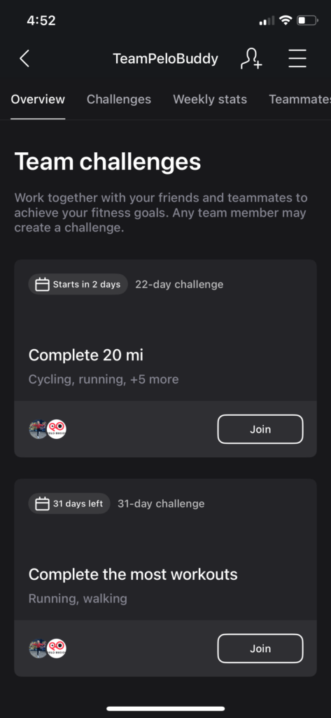 At bottom of joined team overview, see a summary of the team challenges