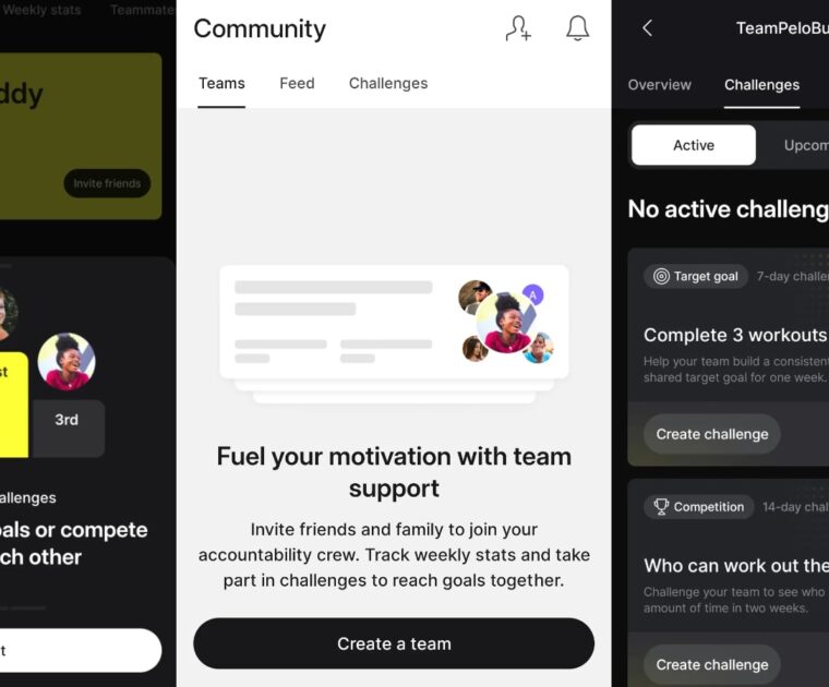 Several images of the new Peloton Teams, Challenges, and Leaderboard feature.
