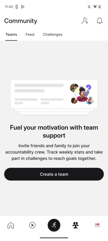 Peloton App Community home screen with new Teams display