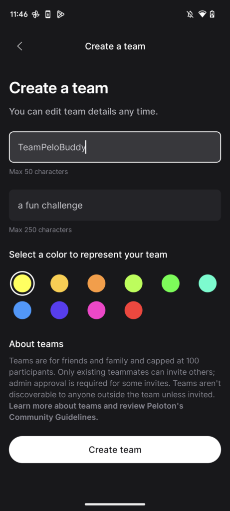Create a Peloton team homepage, select team name and color