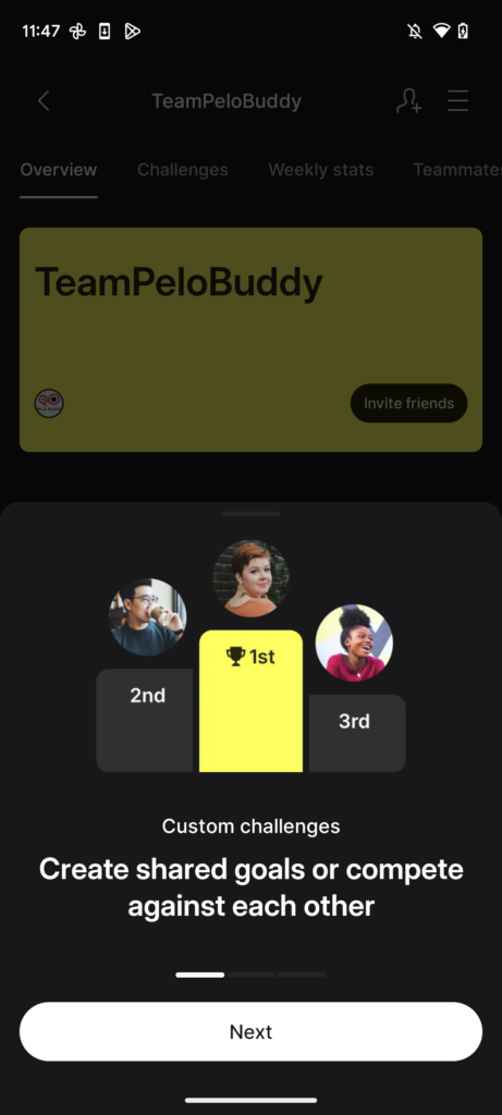 Peloton Teams intro slide, create shared goals or compete against team members