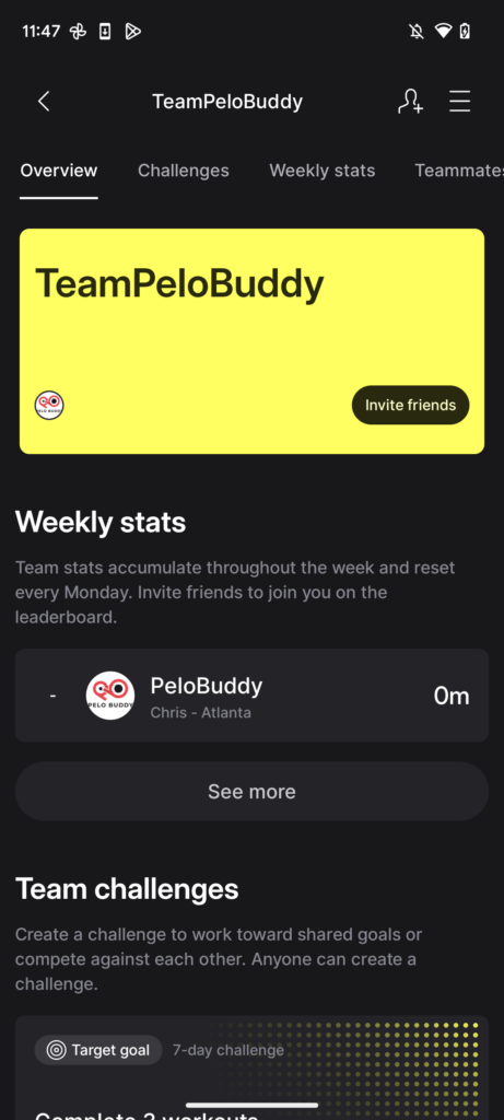 Peloton Team overview page with team info and weekly stats synopsis