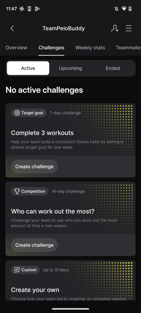 Peloton Team challenges tab with Active, Upcoming, and Ended challenges