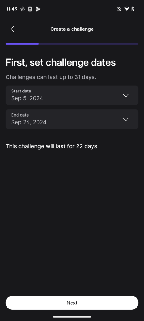 Display when creating a Peloton Team challenge, setting challenge start and end dates