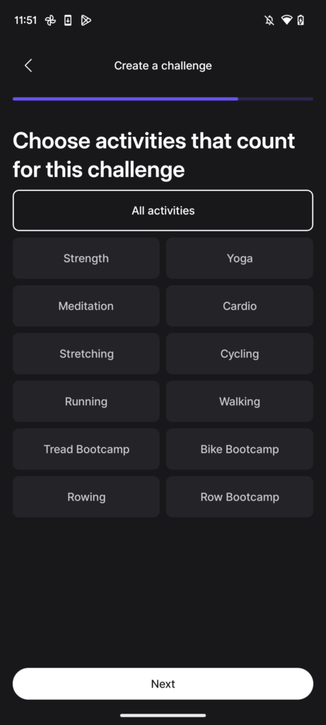 Selecting which workout activity types count towards a workout-based challenge