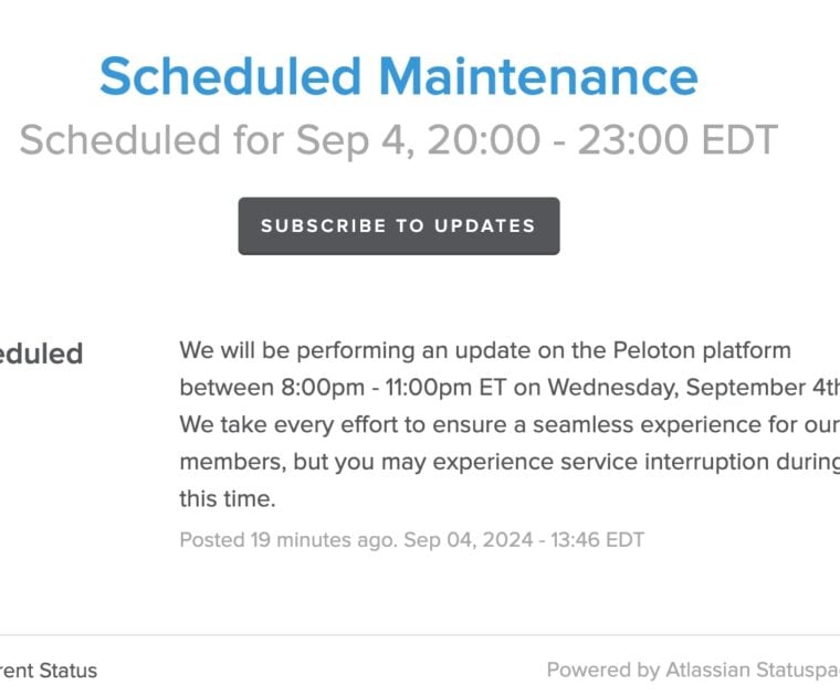 Peloton will be doing maintenance on their platform from 8:00pm - 11:00pm on September 4th.