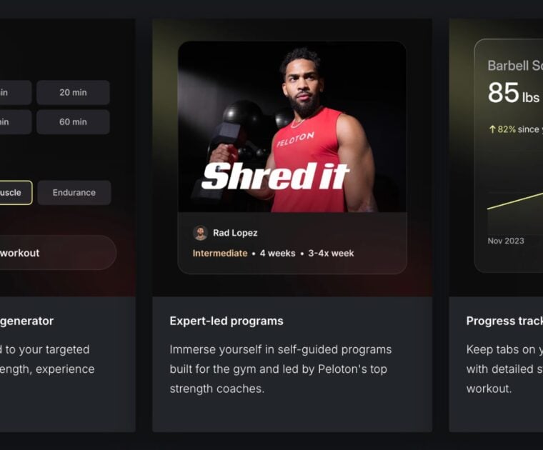 Some screenshots from Peloton Strength+ App. Image credit Peloton.