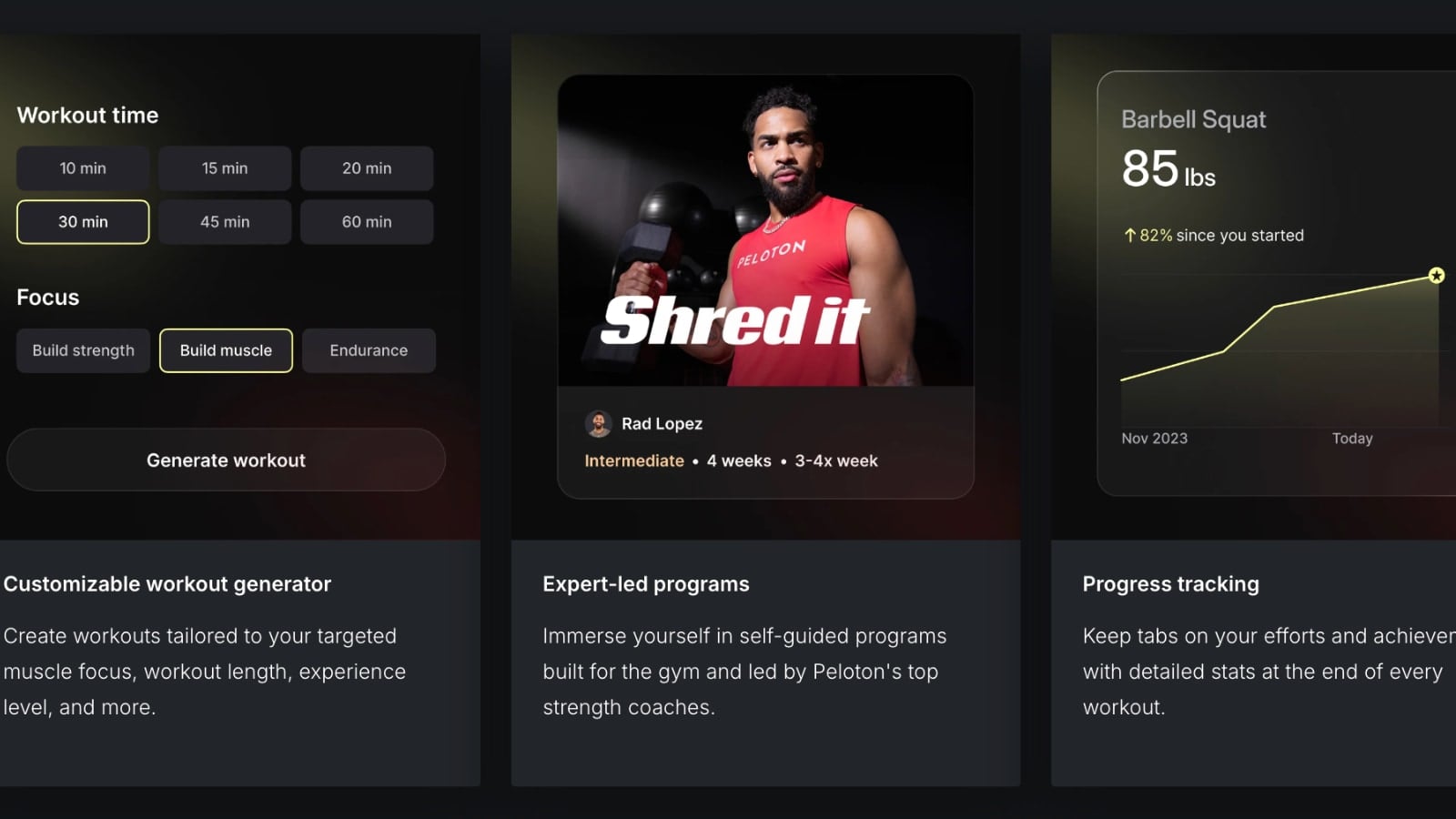Some screenshots from Peloton Strength+ App. Image credit Peloton.