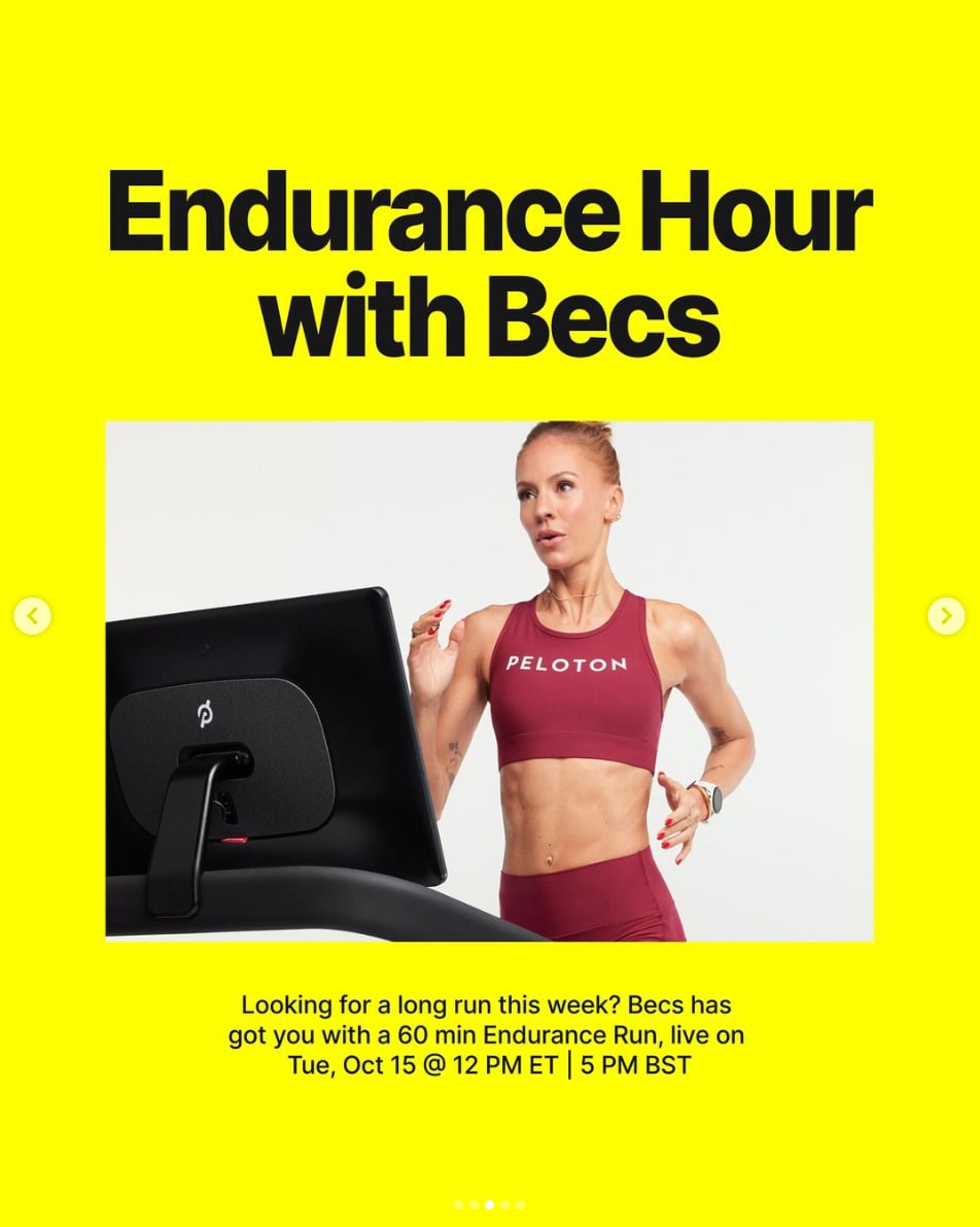 Becs Gentry will teach a 60 minute Endurance Run this week. Image credit Peloton social media.