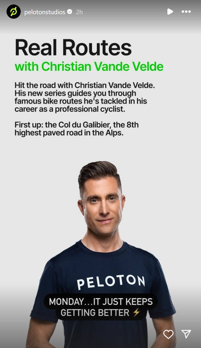Christian Vande Velde will teach his first Real Routes Ride this week. Image credit Peloton social media.