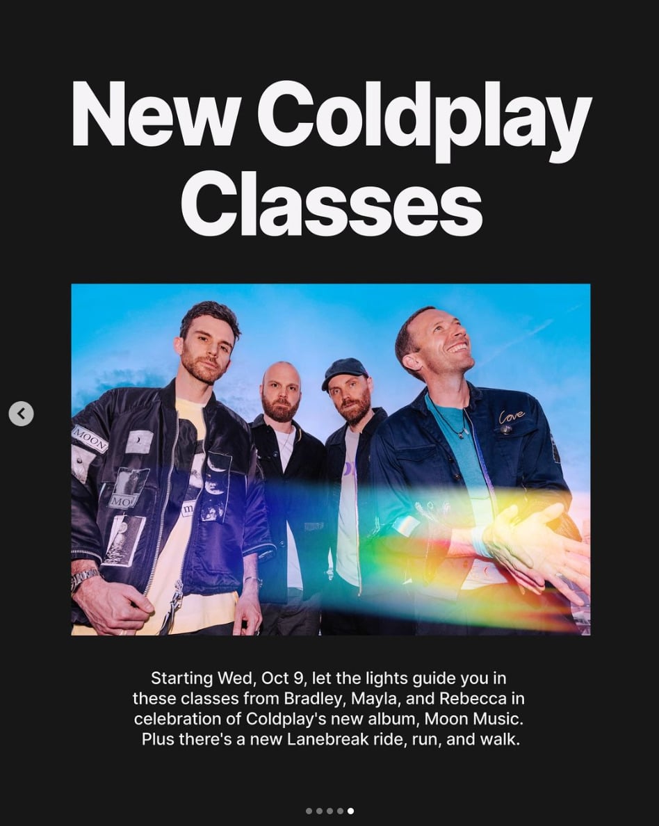 Peloton will release new Coldplay classes this week. Image credit Peloton social media.