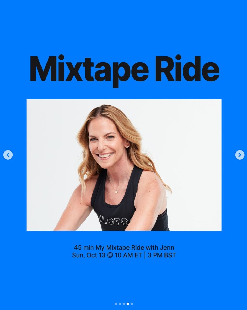 Jenn Sherman will teach a live 45 minute My Mixtape Ride this week. Image credit Peloton social media.