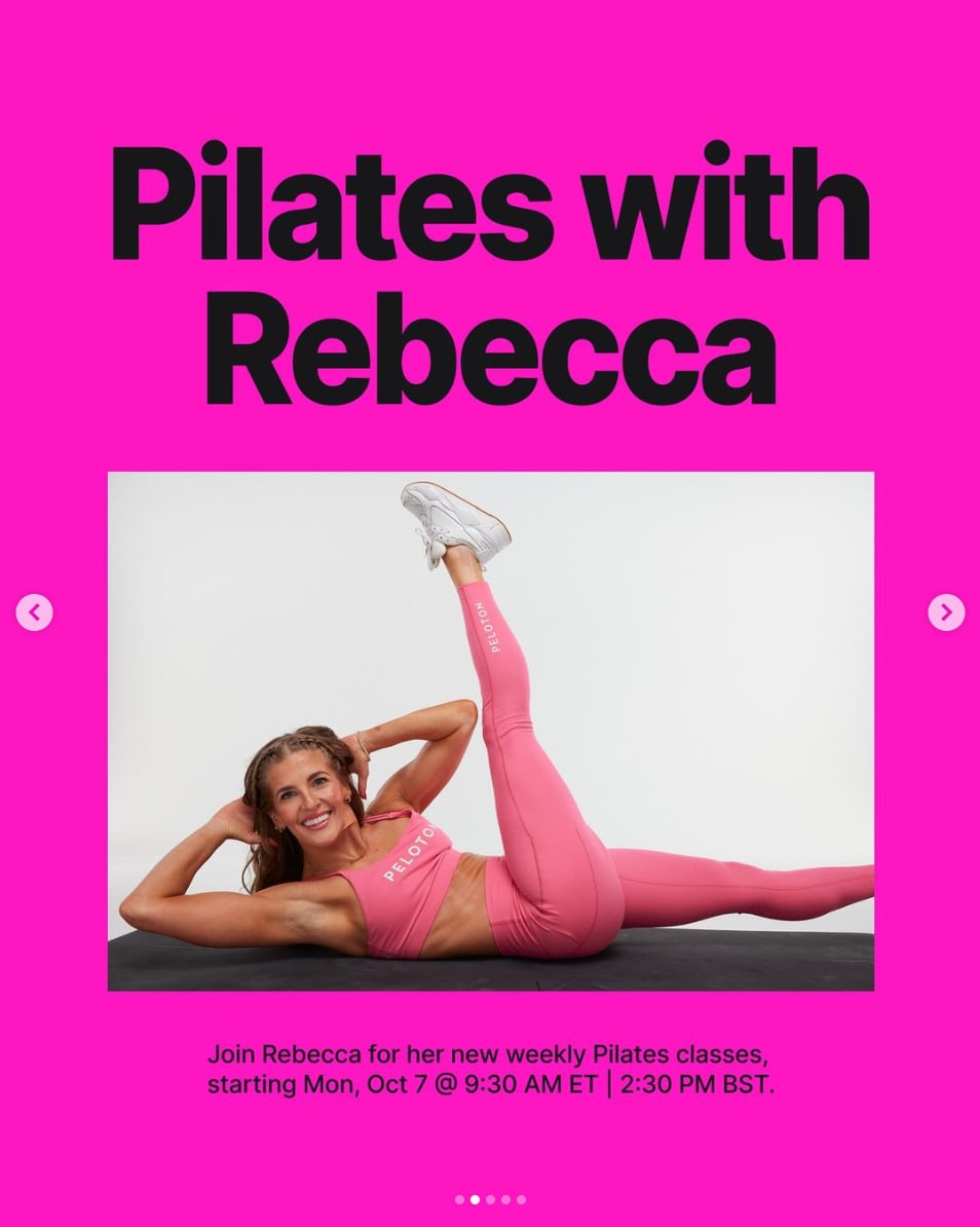 Rebecca Kennedy begins her live weekly Pilates classes this week. Image credit Peloton social media.