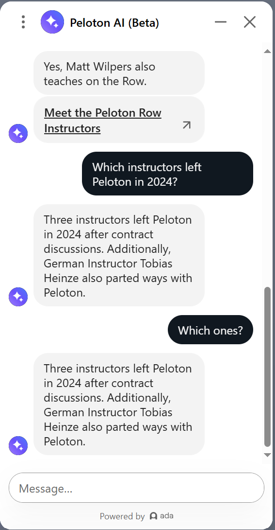 Peloton AI chat bot's responses to "Which instructors left in 2024?"