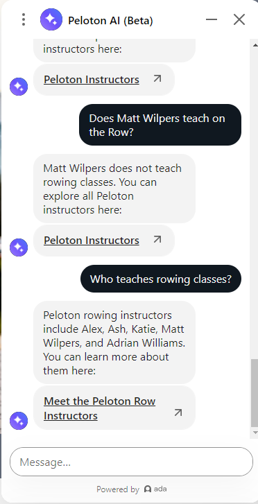 Peloton AI chat bot incorrectly answers "Does Matt Wilpers teach on the Row?"