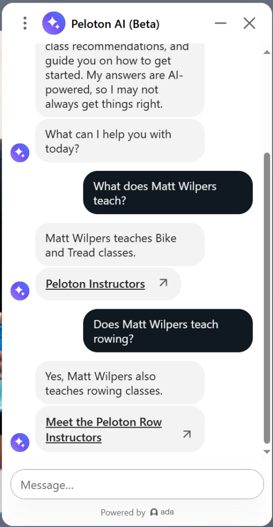 Peloton AI chat bot correctly answers "Does Matt Wilpers teach rowing?"