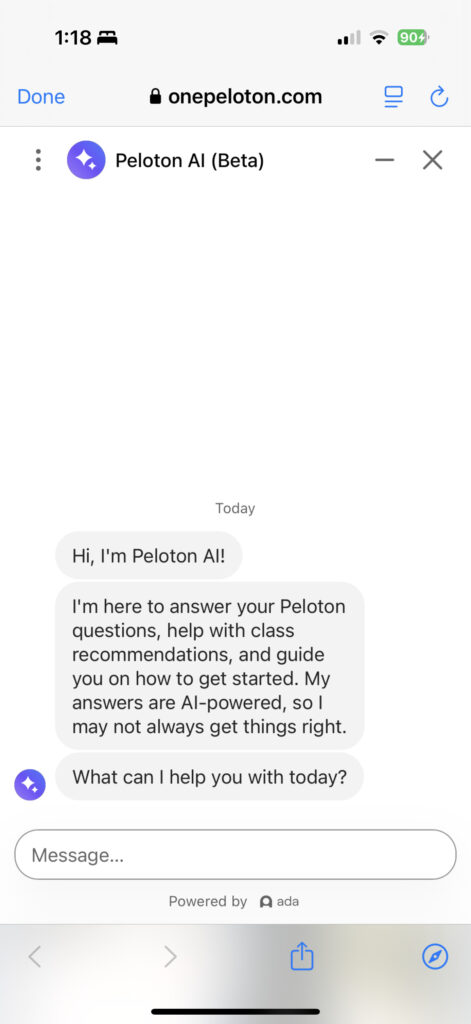 Mobile version of Peloton AI Chat Bot's introduction