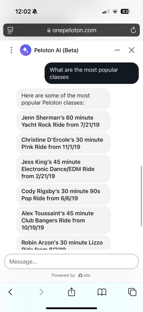 Peloton AI Chatbot response to what the most popular classes on Peloton are.