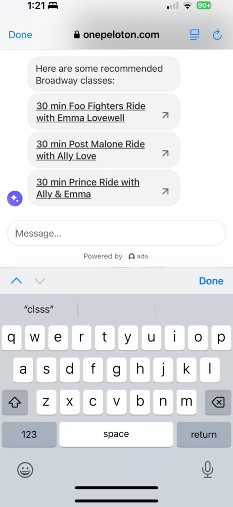 Peloton AI chatbot response about Peloton broadway classes.
