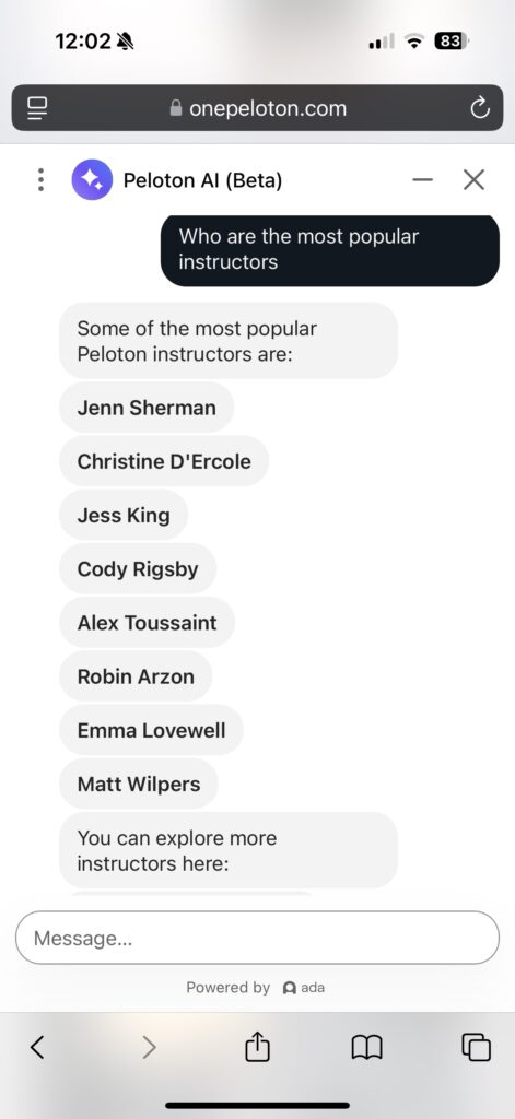 Peloton AI chatbot response about who the most popular Peloton instructors are.