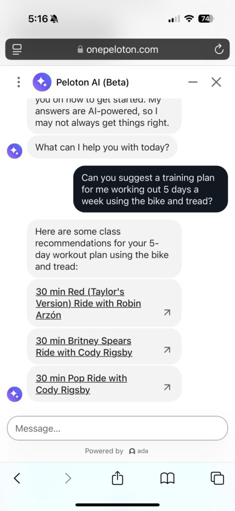 Peloton AI chatbot response to give us a training plan.