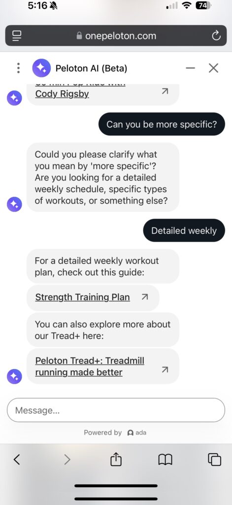 Peloton AI chatbot response to be more specific about the plan.
