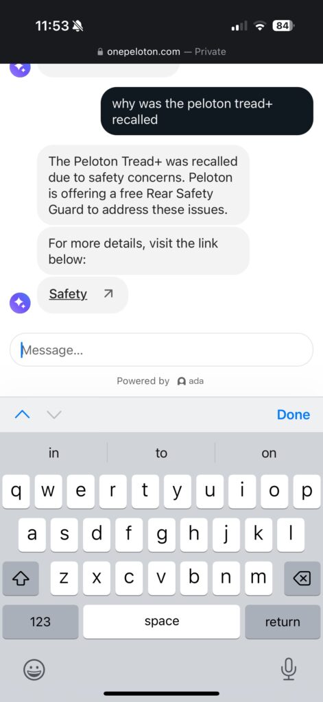 Peloton AI chatbot response about why the Peloton Tread+ was recalled.