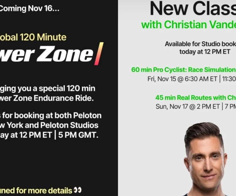 Peloton's Global power zone and new Christian Vande Velde rides the weekend of November 15-17,2024.