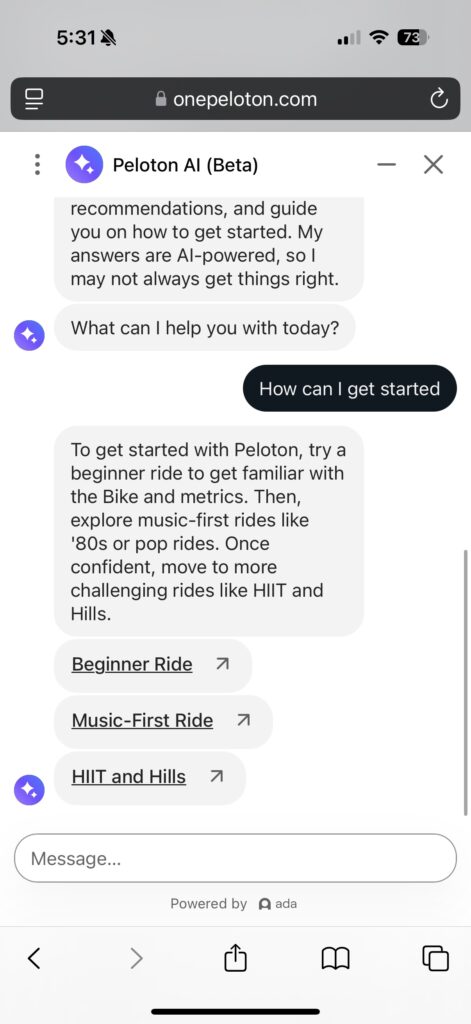 Peloton AI chatbot helping a user get started.