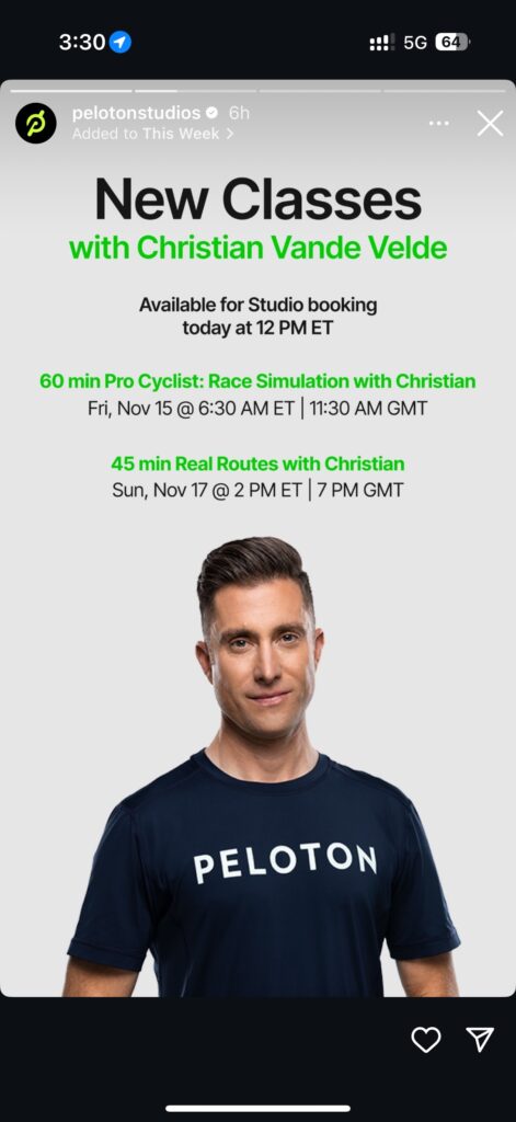 @PelotonStudios Instagram Story announcing new classes with pro cyclist Christian Vande Velde.