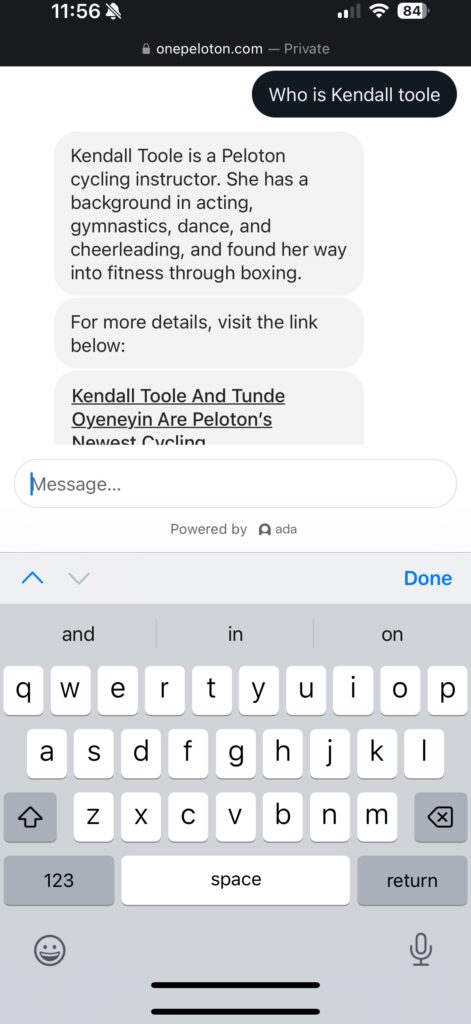 Peloton AI chatbot response about who is Kendall Toole.