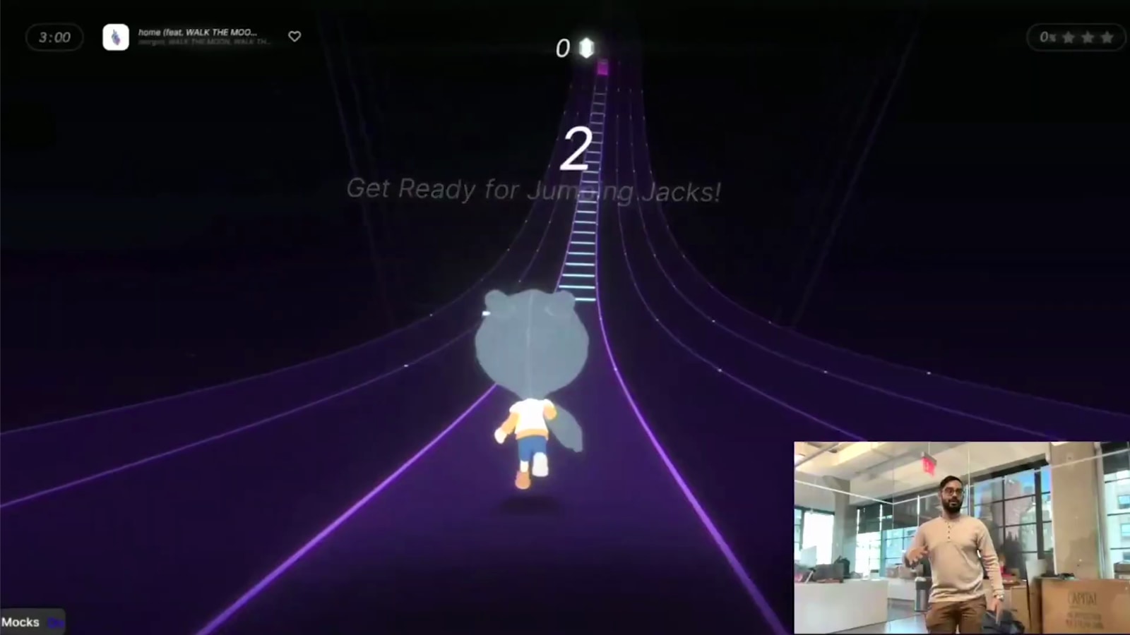 A version of Peloton Lanebreak asking for jumping jacks during the 2024 Peloton Hackathon event.