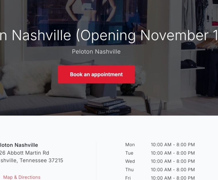 Peloton page for Nashville showroom