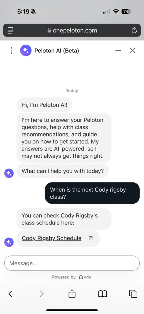 Peloton AI chatbot response to when Cody Rigsby's next class is.