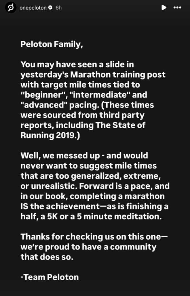 Apology from Peloton over deleted social media post.