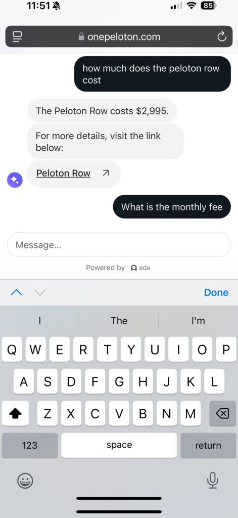 Peloton AI chatbot response about the cost of the Peloton Row.