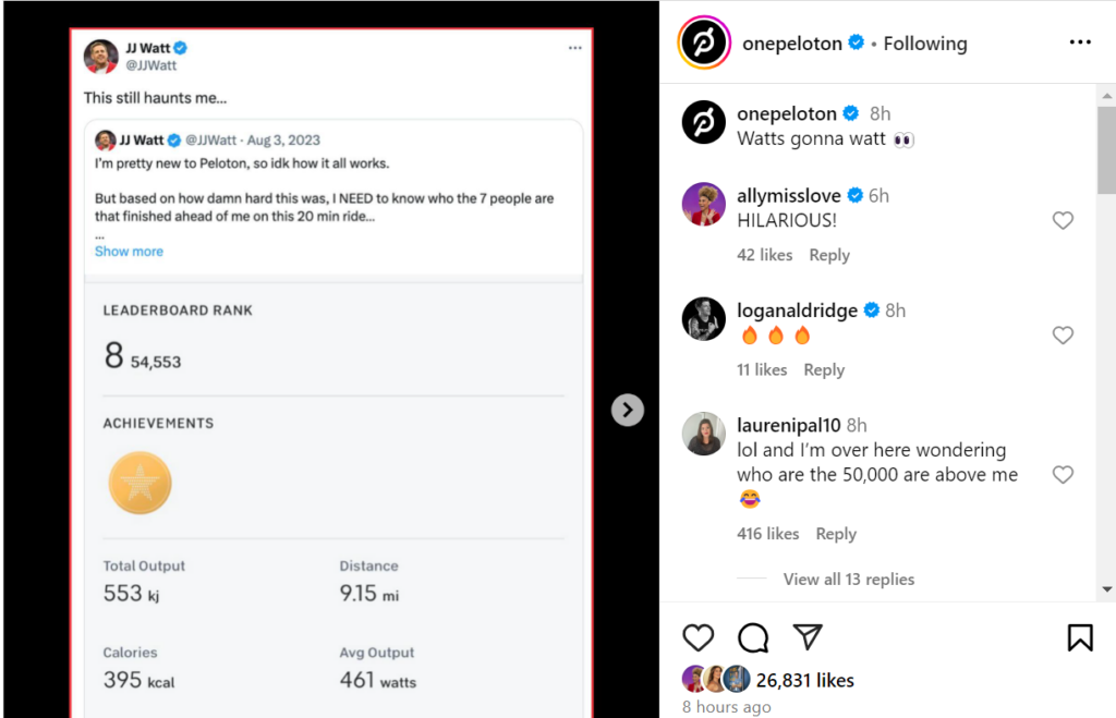 Peloton reposting viral J.J. Watt/T.J. Watt social media exchange.