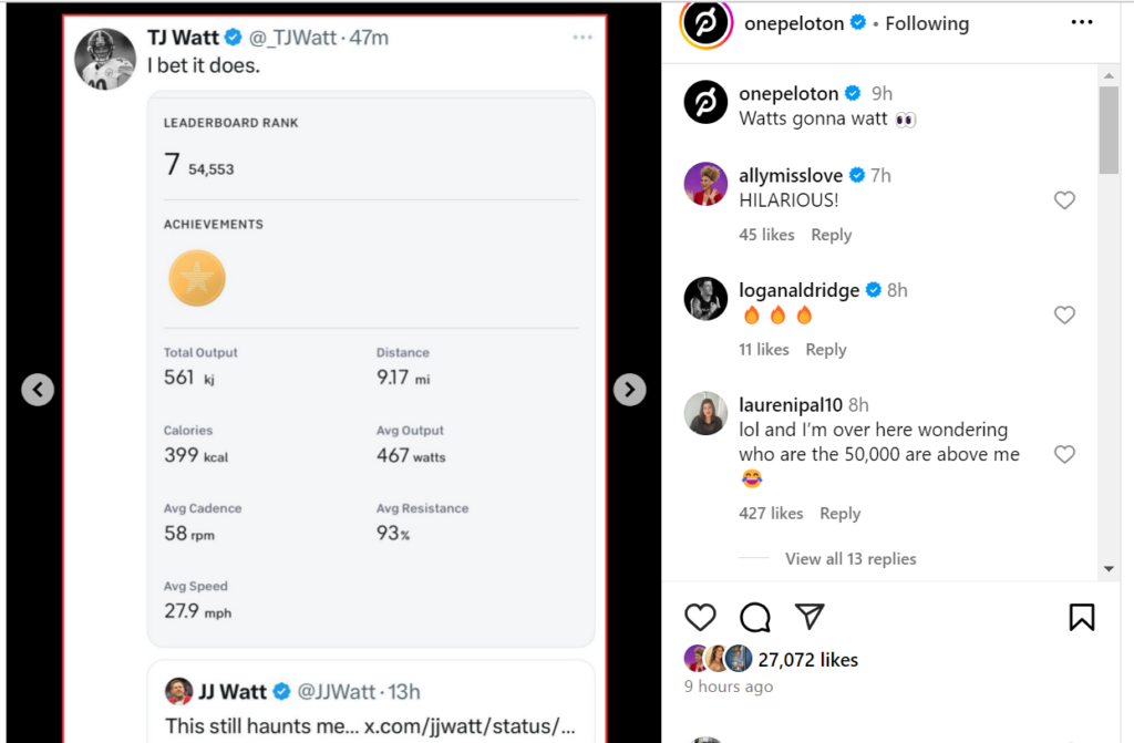 Peloton reposting viral J.J. Watt/T.J. Watt social media exchange.
