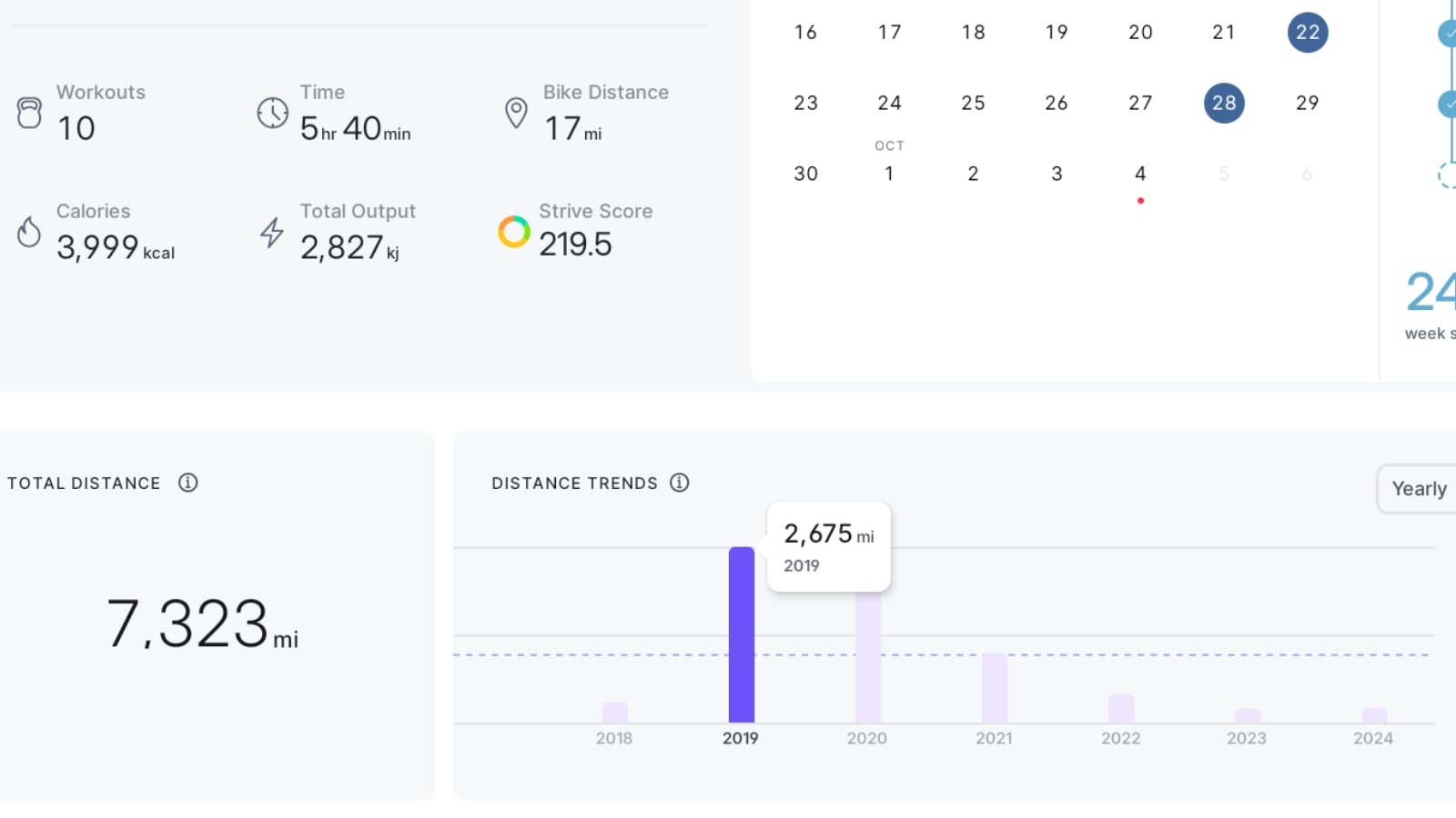 View total Peloton miles by year, and click into a specific time frame to see exact numbers.