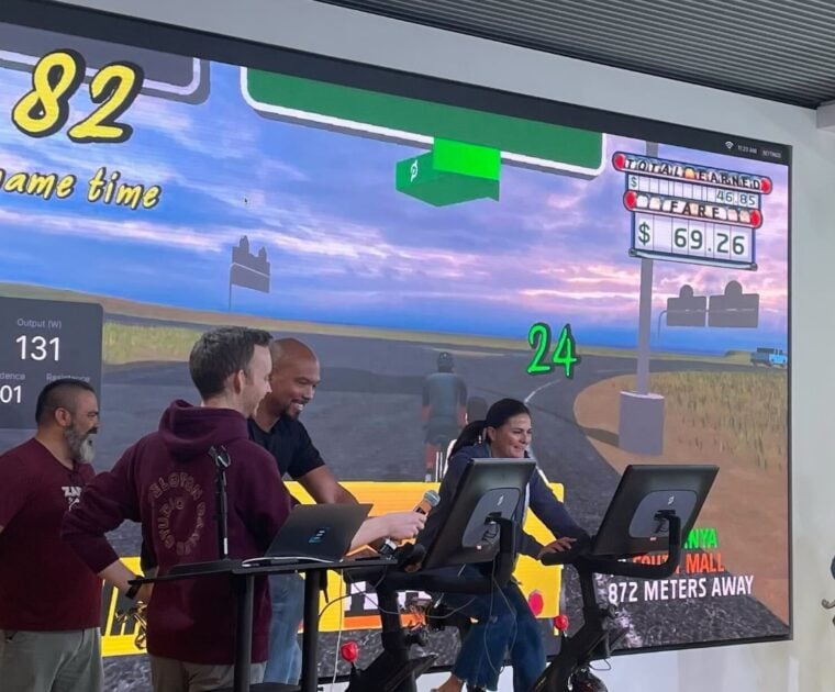 A Peloton virtual cycling game from the 2024 Peloton Hackathon event.