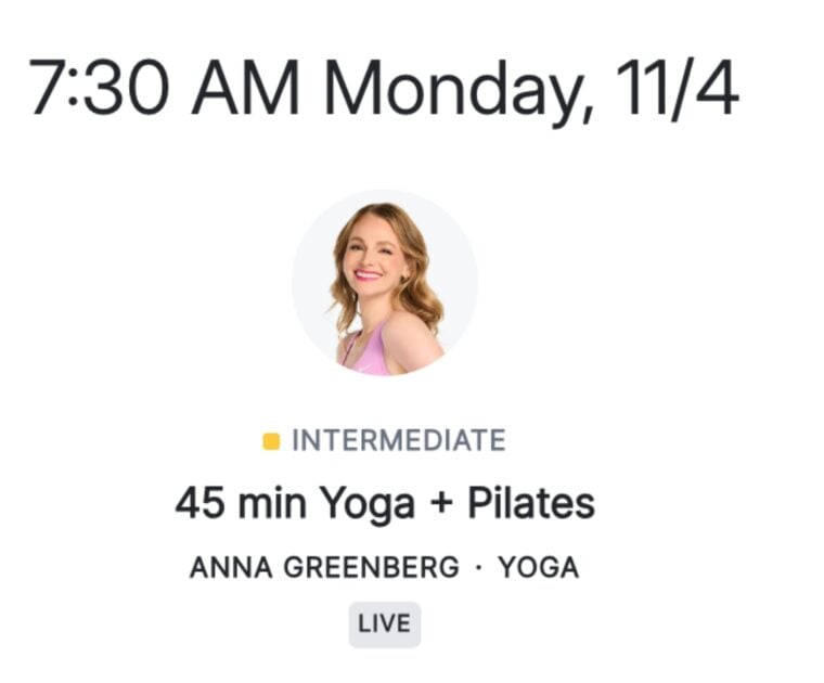 45 min. Yoga + Pilates on upcoming schedule with Anna Greenberg.