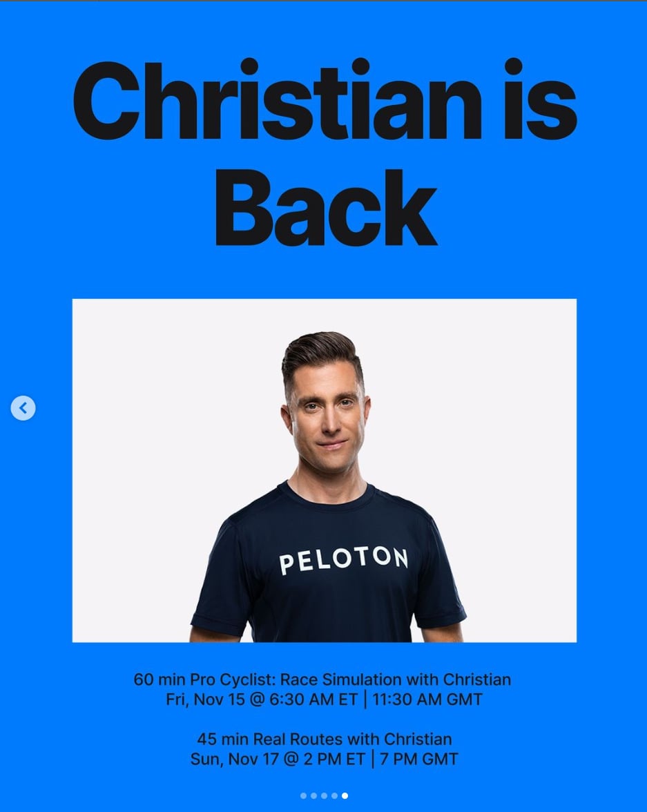 Peloton guest instructor Christian Vande Velde to teach two new live rides this week. Image credit Peloton social media.