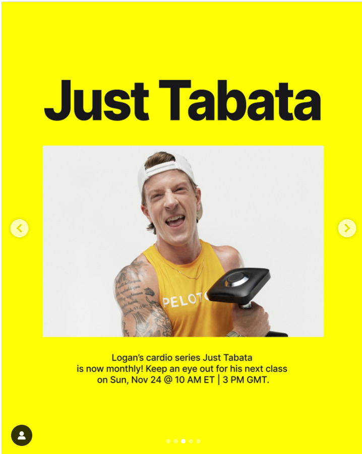 Logan Aldridge will teach new "Just Tabata" cardio class this week. Image credit Peloton social media.