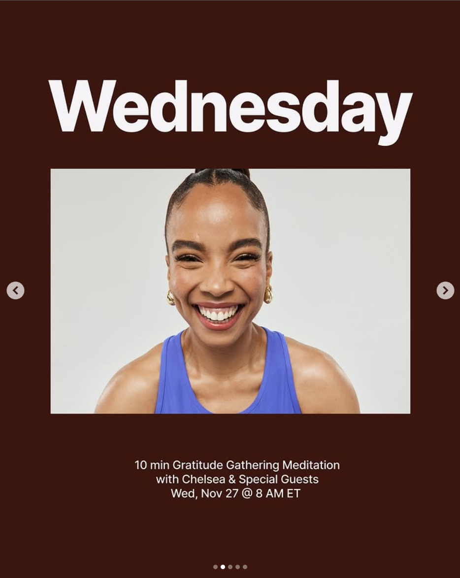 Chelsea will teach Gratitude Meditation this week. Image credit Peloton social media.